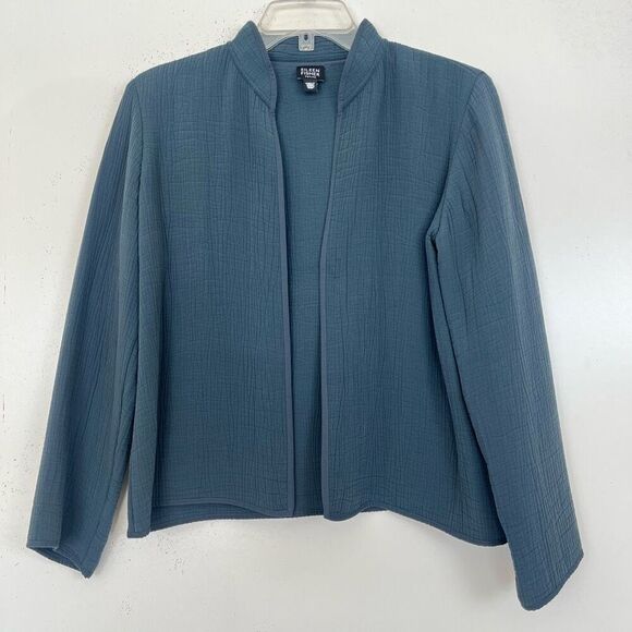 Eileen Fisher Rayon Silk Open Jacket Small Petite Crinkle Muslin Texture Gray PS - Picture 1 of 9